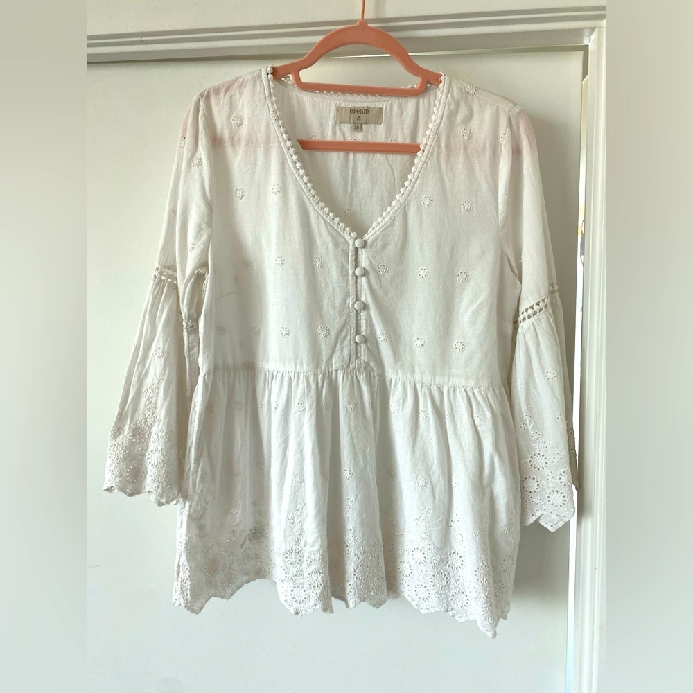 Cream l White Embroidered V-neck Top